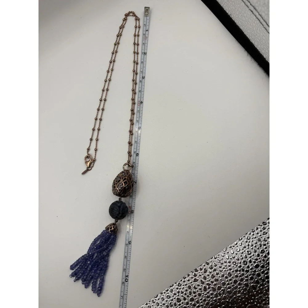 GINDIA 925 Necklace‎ Purple Rhinestone Egg Beaded Tassel Carved Agate 26 In
